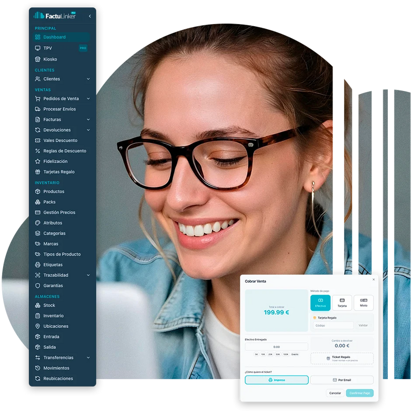 Usuaria sonriendo junto al panel de FactuLinker Pro y la pantalla de cobro del TPV