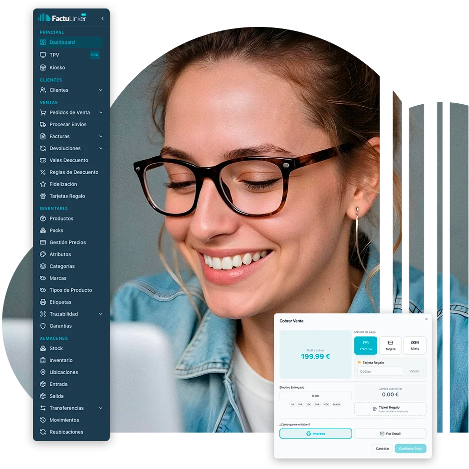 Usuaria sonriendo junto al panel de FactuLinker Pro y la pantalla de cobro del TPV